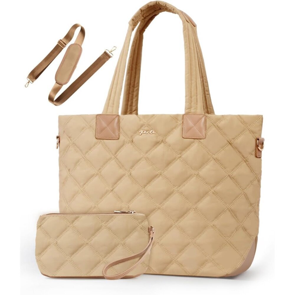 Womens Brown Puffer Shoulder Tote Quilted Work Bag Laptop Sleeve Compartment